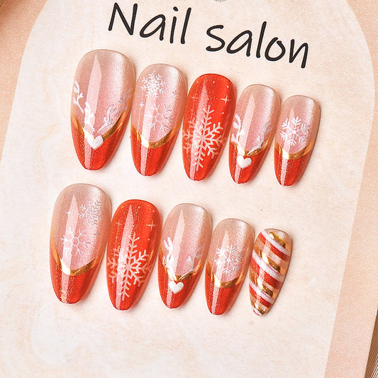 Festive Red Medium Stiletto Press on Nail Set with Sparkling Snowflake Design