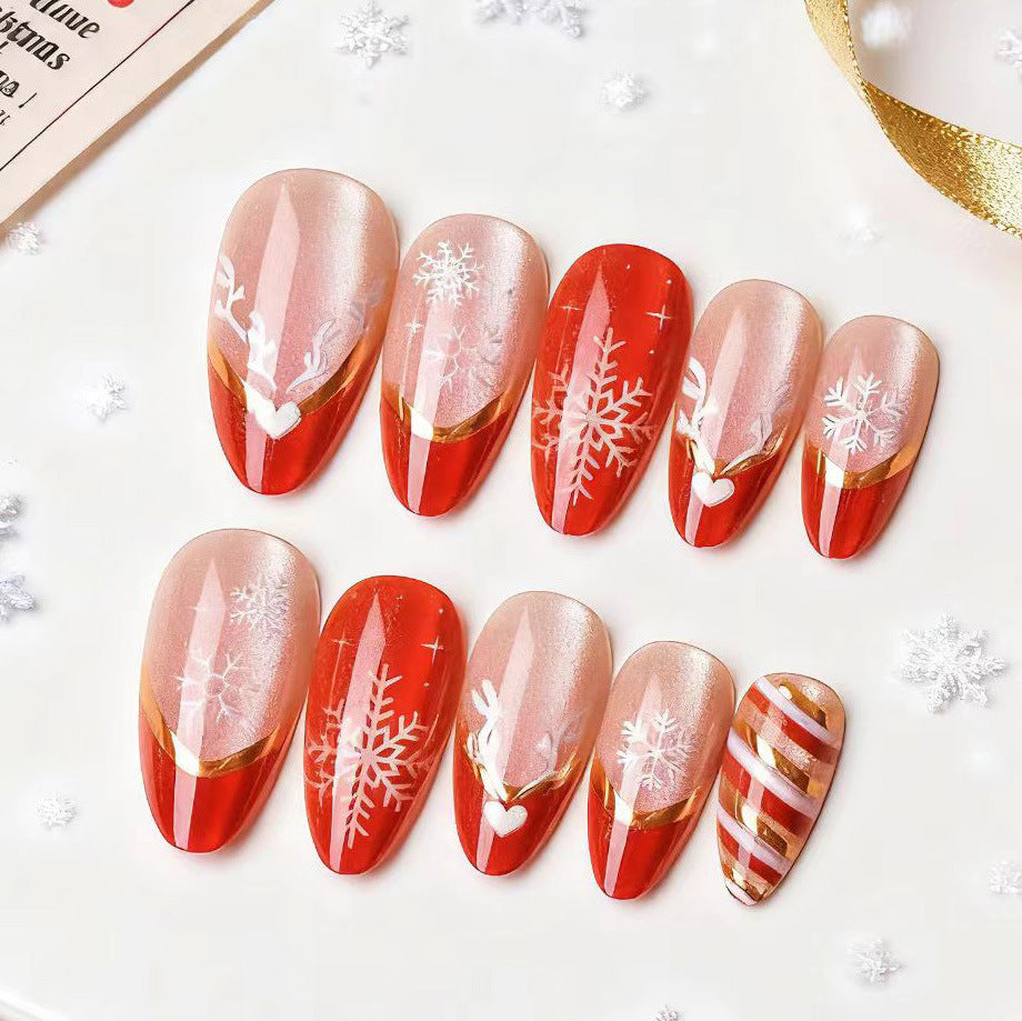Festive Winter Charm Medium Almond Red with Snowflake Art Press On Nail Set
