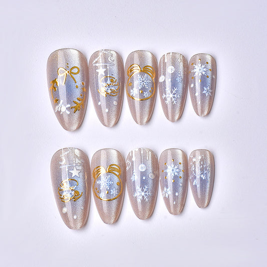 Winter Wonderland Medium Almond Sparkling Nail Set with Festive Designs