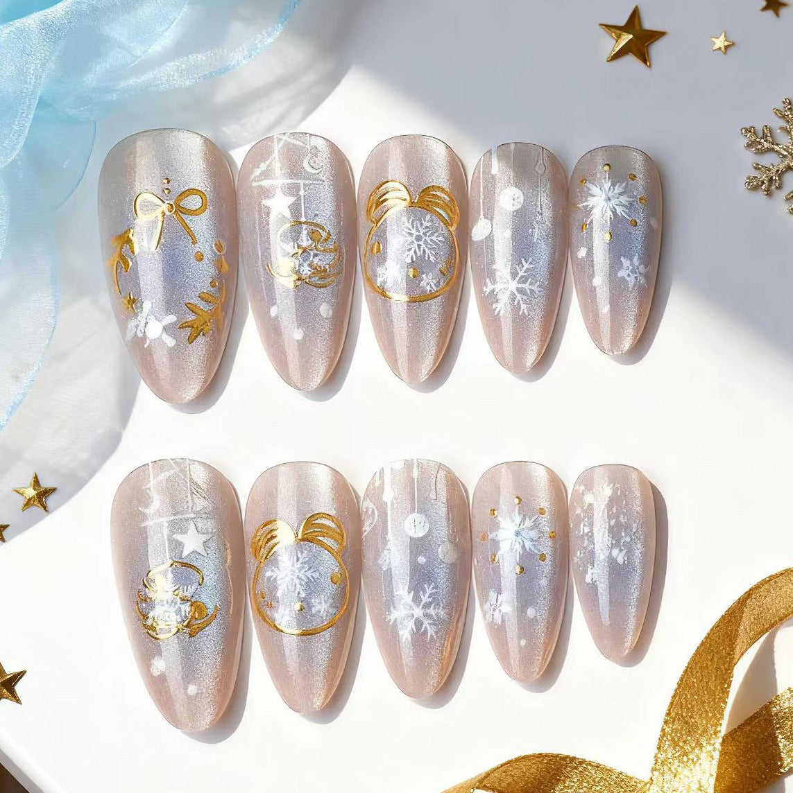 Festive Medium Almond Frosted Nail Set with Shimmering Gold Accents