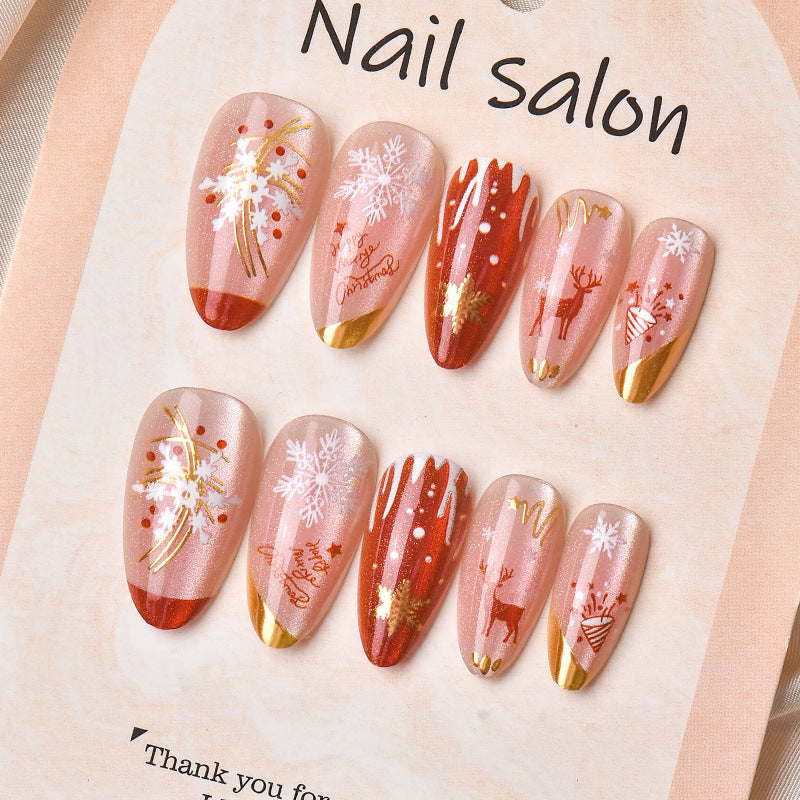 Winter Wonderland Medium Almond Red with Festive Gold Accents Press On Nail Set