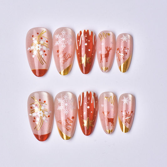 Holiday Glam Medium Almond Pink with Festive Gold Accents Press On Nail Set