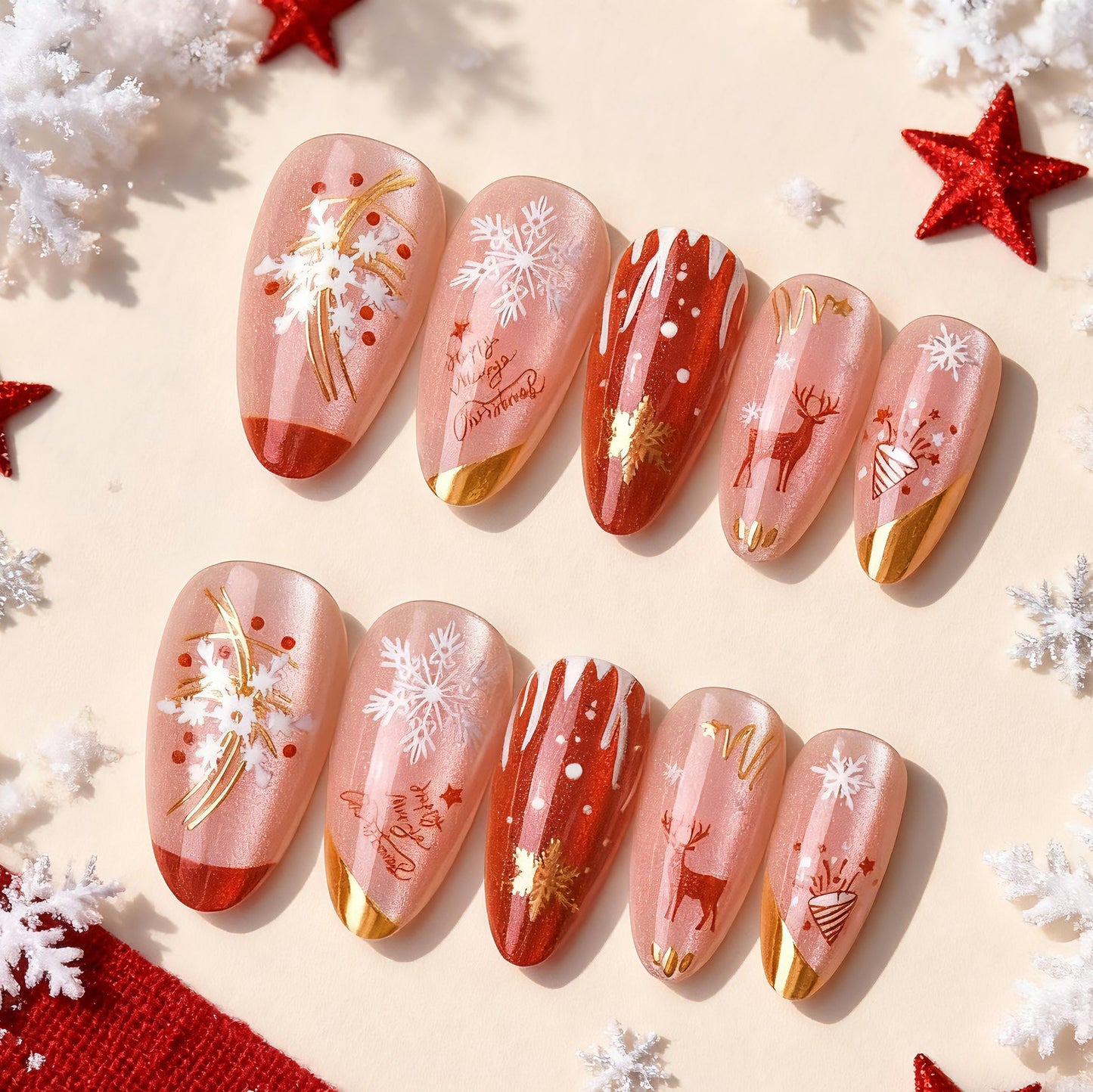 Festive Red Snowflake Medium Almond with Glittering Gold Accent Press On Nail Set