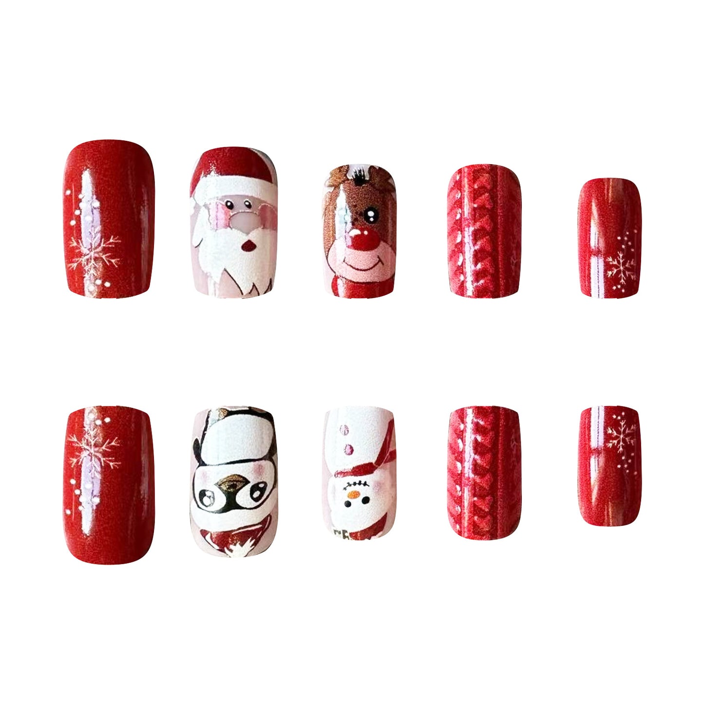 Festive Holiday Inspired Medium Square Red Nail Set with Charming Christmas Character Designs