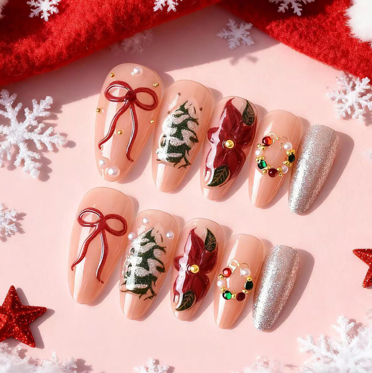 Festive Holiday Glam Medium Almond Pink with Glitter and Christmas Patterns Press-On Nail Set