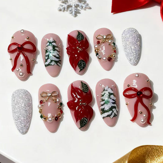 Festive Holiday Medium Almond Pink with Glitter and Charming Embellishments Nail Set