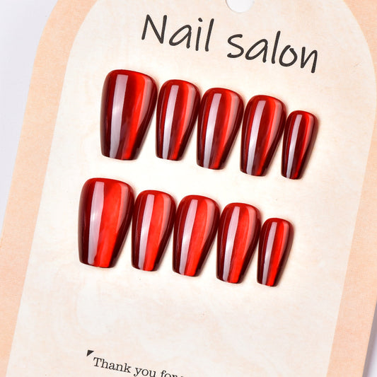 Fire Red Medium Coffin Glossy Nail Press Set with Shiny Finish