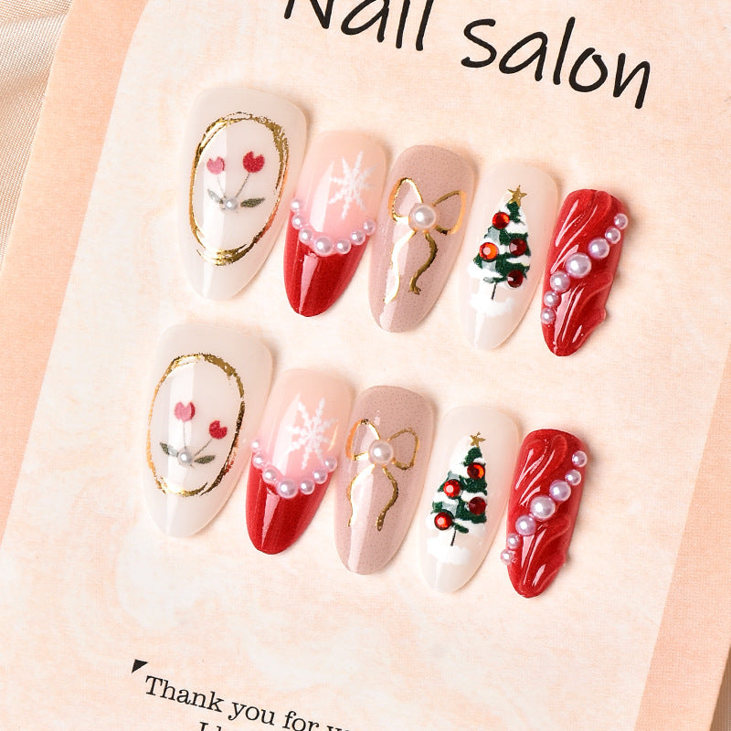 Festive Medium Almond Red and White Design with Pearls Press-On Nails Set