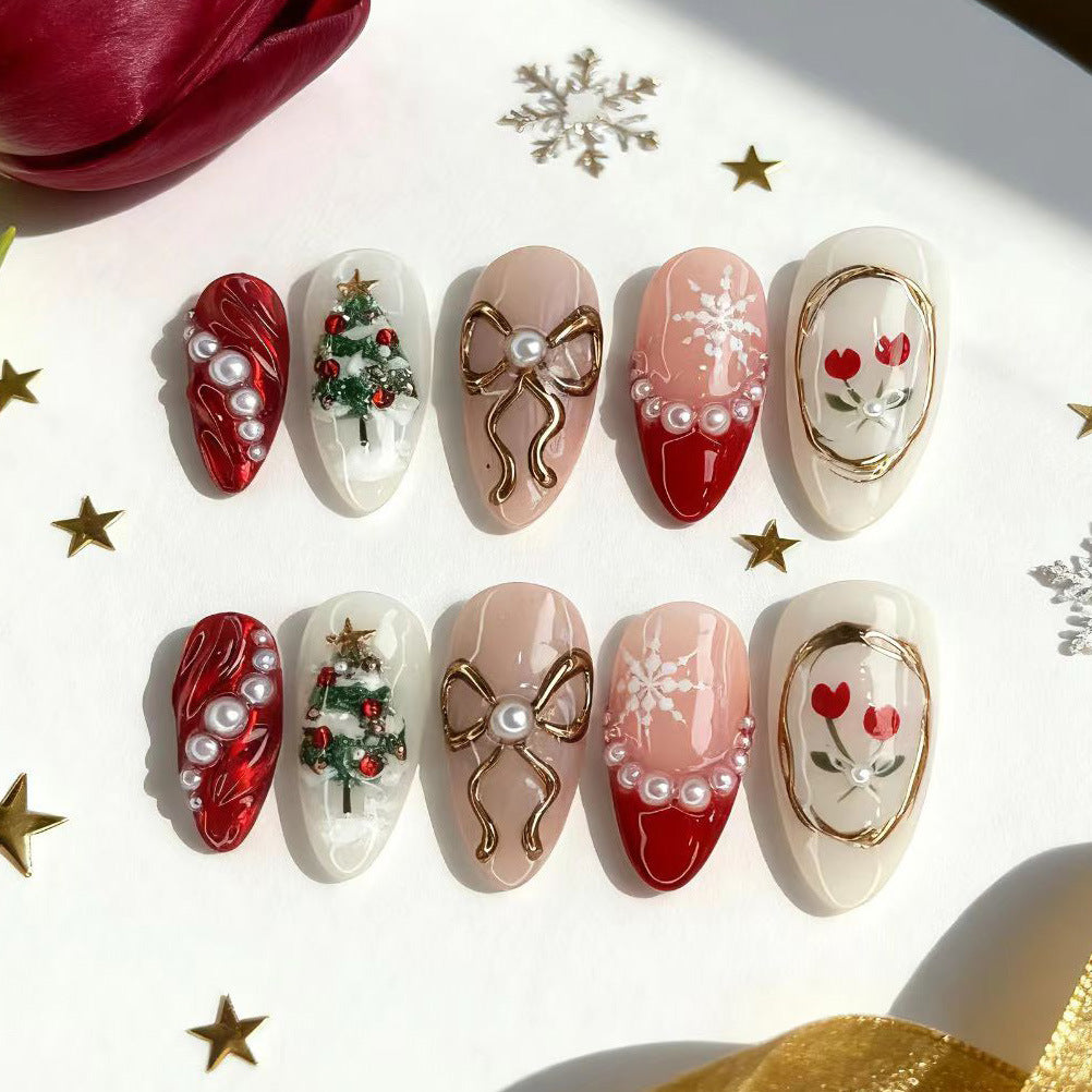 Festive Glamour Medium Almond Deep Red with Elegant Pearl Accents Nail Set