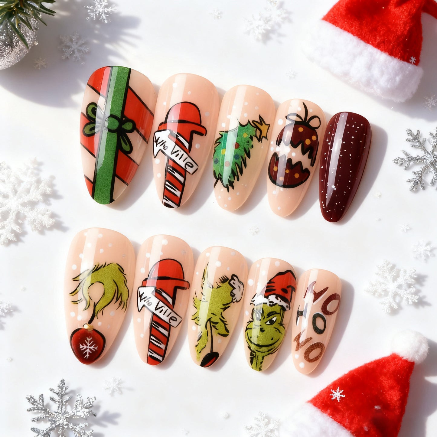 Whimsical Holiday Medium Almond Red and Green Themed Press On Nail Set
