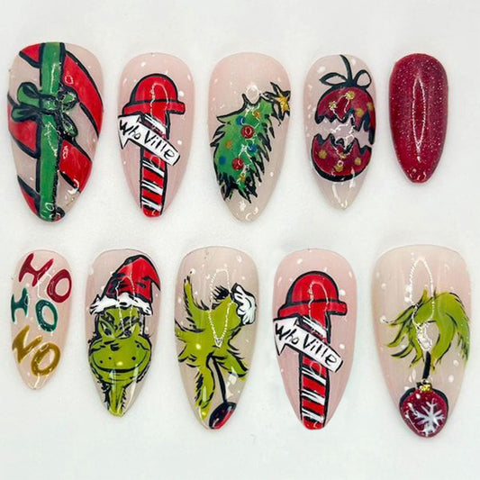 Festive Holiday Medium Almond Red and Green Grinch Inspired Press On Nail Set