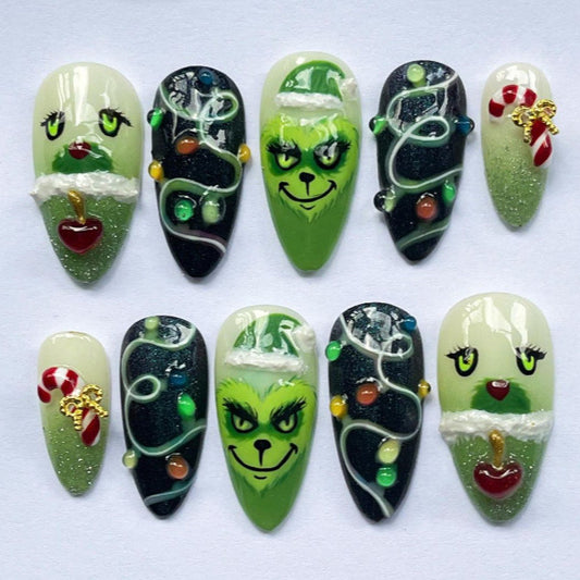 Whimsical Grinch Inspired Medium Almond Green Glitter Press On Nail Set with Festive Design