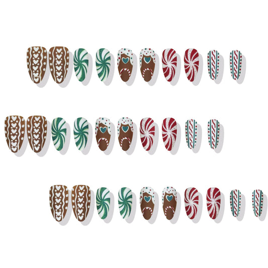 Festive Gingerbread Wonderland Press-On Nail Set in Medium Almond Shape Earthy Brown and Vibrant Green with Whimsical Candy Designs