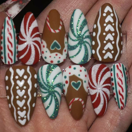 Festive Gingerbread Dream Medium Almond Green Glitter Red and White Swirl Design Press On Nail Set