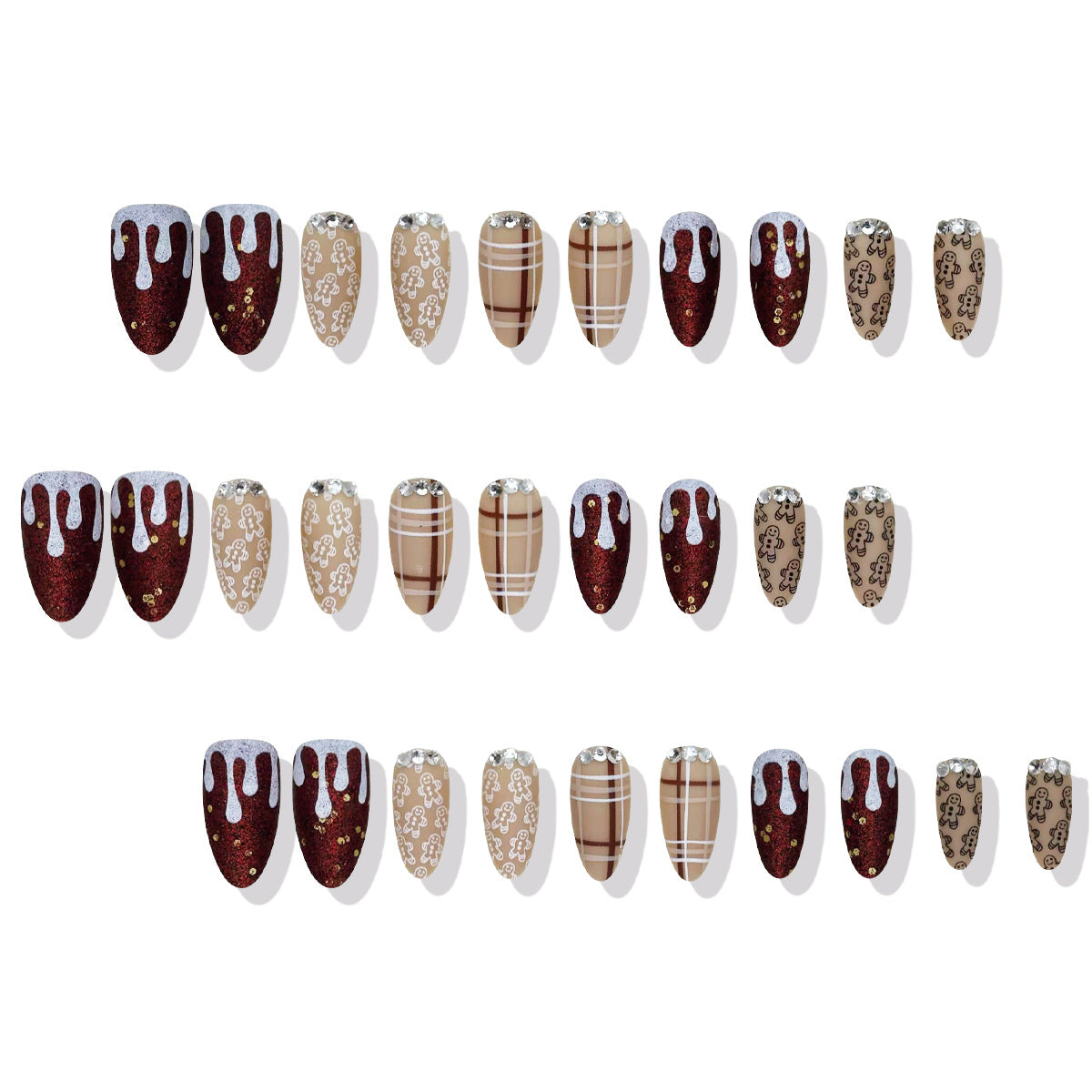 Festive Elegance Medium Almond Burgundy and Beige Glossy with Decorative Frosting Press-On Nail Set