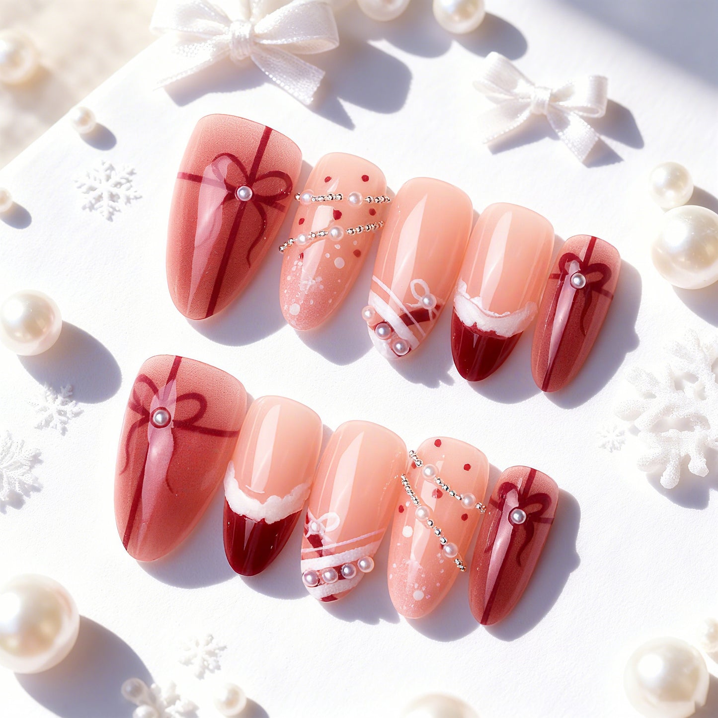 Charming Holiday Glamour Medium Almond Blush Red Gift-Accented Nail Set