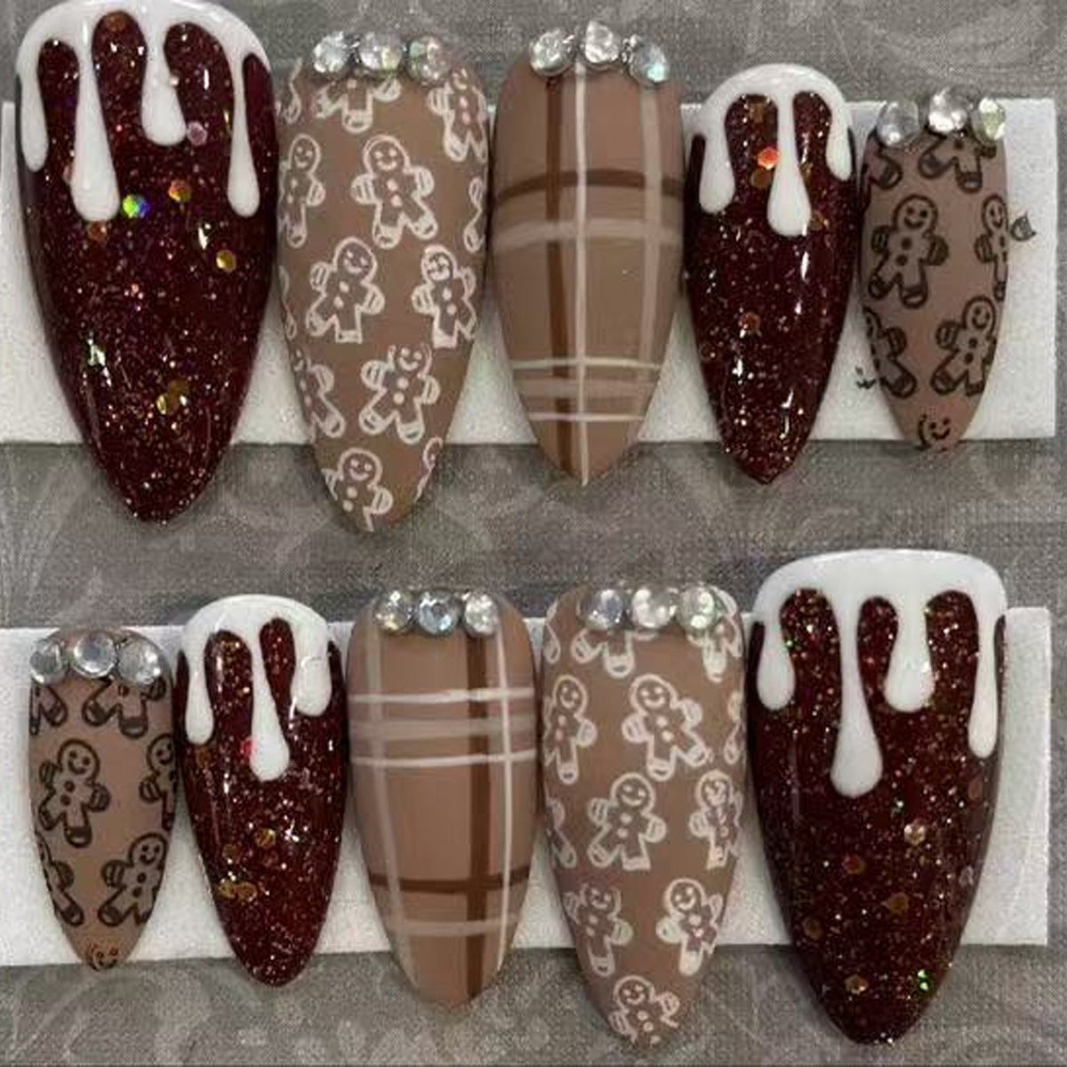 Gingerbread Wonderland Medium Almond Brown and Burgundy Glitter Press-On Nail Set with Gemstone Accents