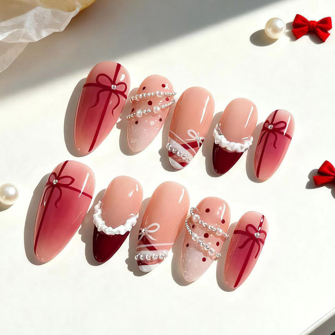 Festive Glamour Medium Almond Red and Pink Gradient with Charming Ribbon Details Press On Nail Set