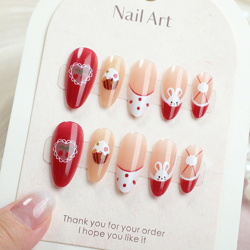 Charming Bakery Inspired Medium Almond Red and Beige Nail Set with Whimsical Designs