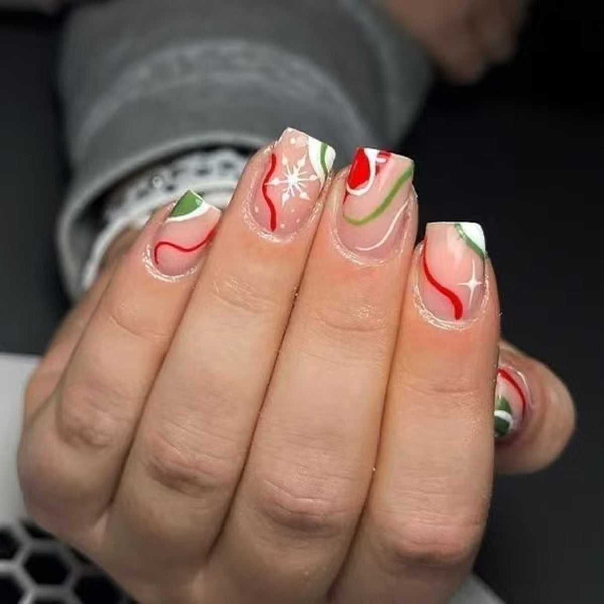 Festive Elegance Short Square Transparent with Colorful Swirls and Sparkling Accent Press On Nail Set