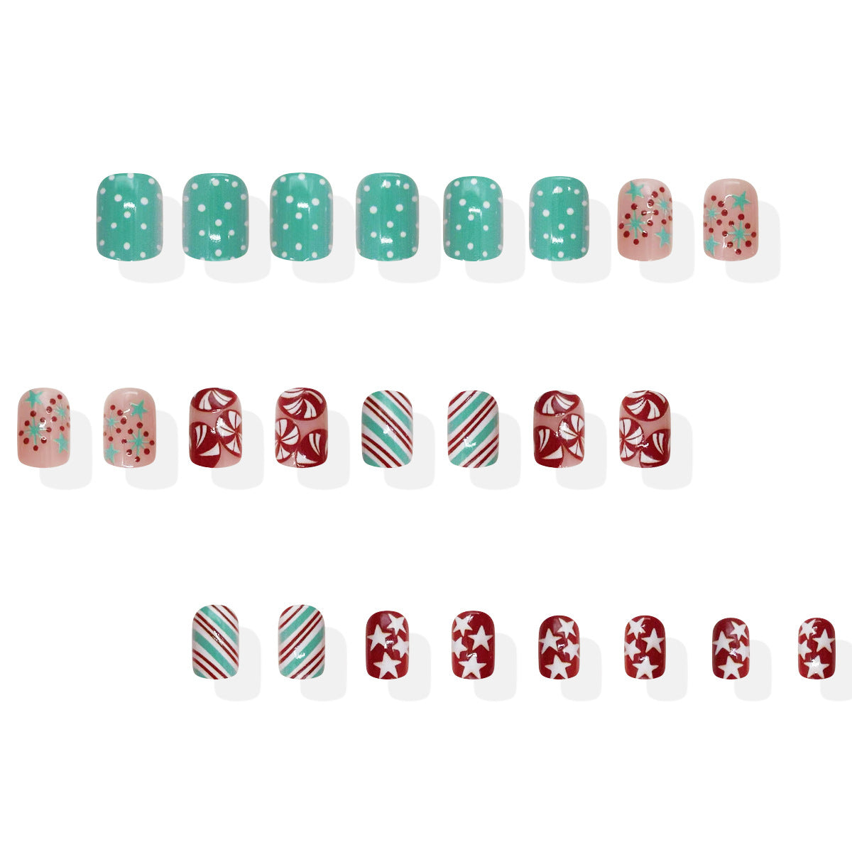 Festive Charm short Square Turquoise Green and Red with Holiday Themes Press On Nail Set