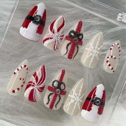 Festive Holiday Glamour Medium Almond Red and White Press On Nail Set with Sparkling Glitter and Unique Bow Designs