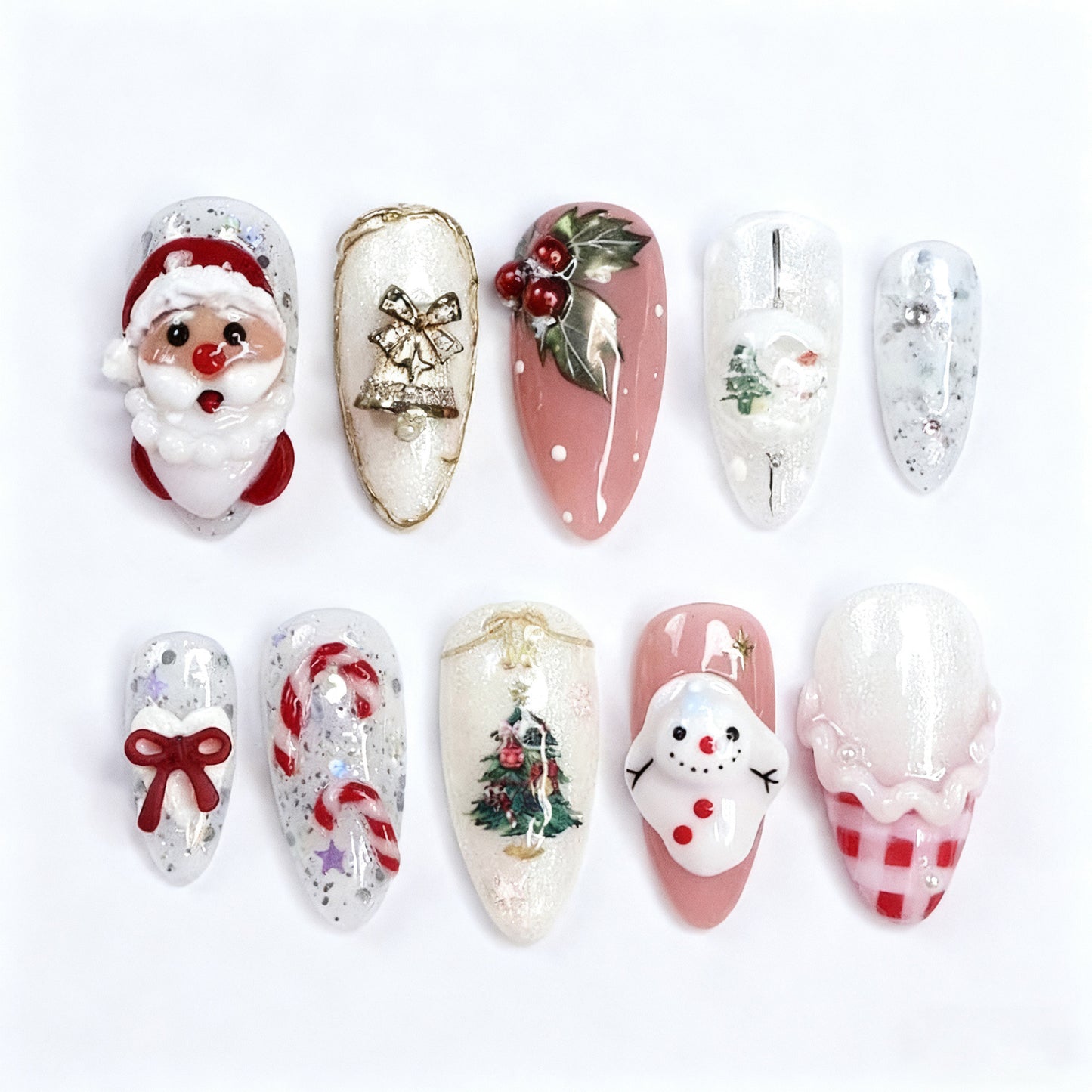 Festive Medium Almond Red and White Nail Set with Unique Holiday Characters