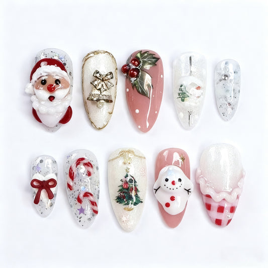 Festive Medium Almond Red and White Nail Set with Unique Holiday Characters