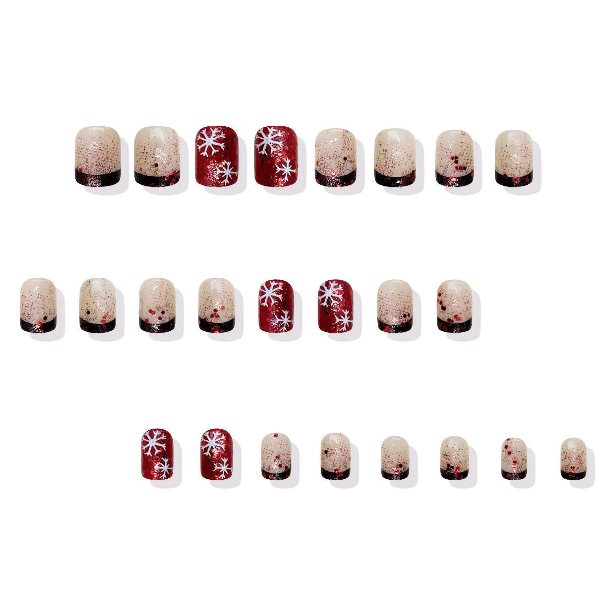 Winter Wonderland Short Square Red and Beige Ombré Nail Set Featuring Snowflake Accents