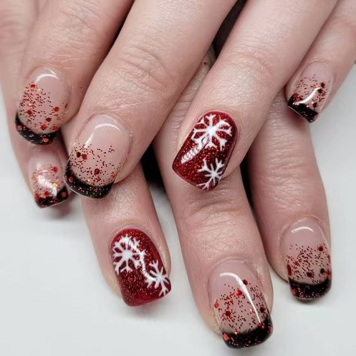 Winter Wonderland Short Square Red with Glitter and Snowflake Design Press-On Nail Set