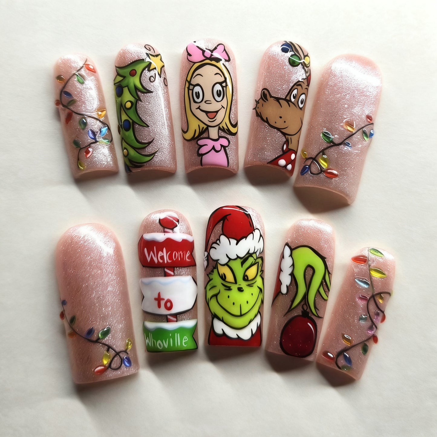 Festive Holiday Glam Long Square Pink Glitter with Whoville Theme Nail Set
