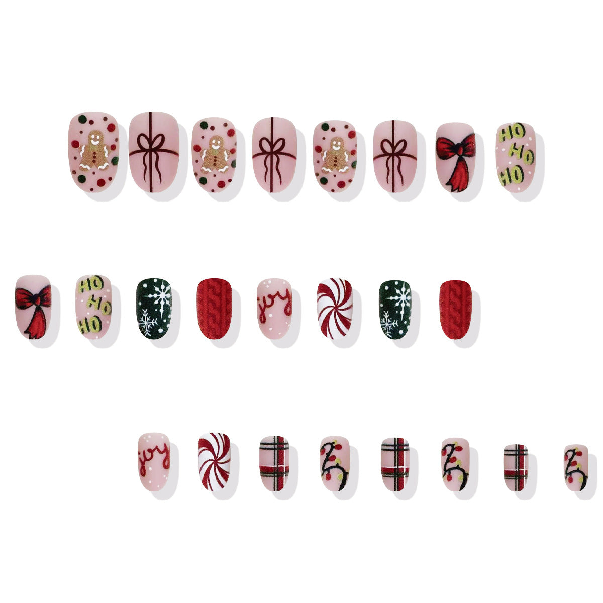 Set of Christmas-themed nail art designs on a white background