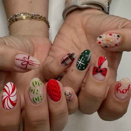 Festive Elegance Medium Oval Red and Green with Unique Holiday Themed Designs Press-On Nail Set