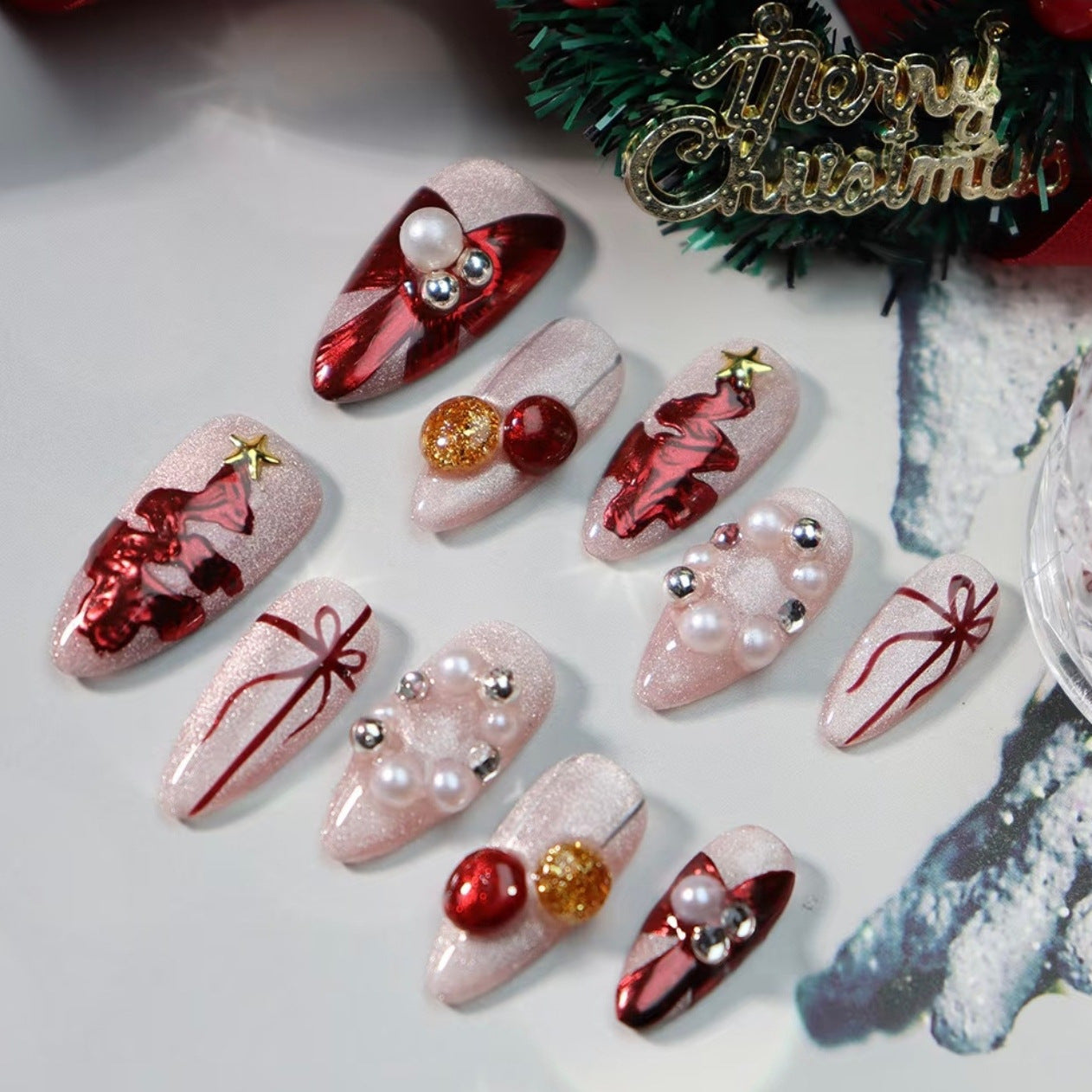 Festive Medium Almond Red with Sparkling Embellishments Press on Nail Set