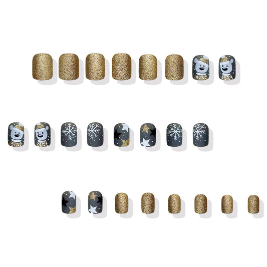 Winter Wonderland Short Square Rounded Glittery Gold and Festive Arctic Animal Nail Set