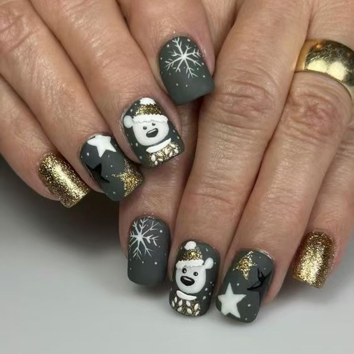 Winter Wonderland Short Square Short Gray and Gold Press On Nail Set with Adorable Polar Bear Design