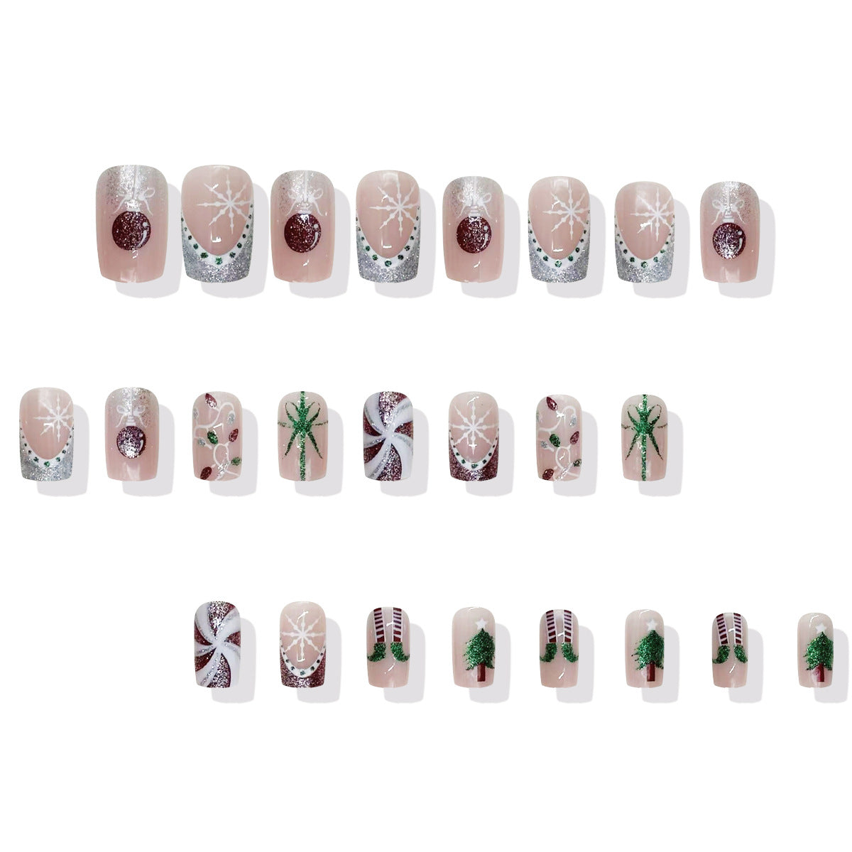 Festive Winter Wonderland Short Square Blush Pink Glittery Holiday Press On Nail Set with Whimsical Snowflake and Tree Designs