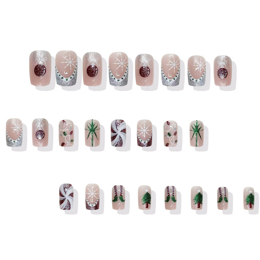 Festive Winter Wonderland Short Square Blush Pink Glittery Holiday Press On Nail Set with Whimsical Snowflake and Tree Designs