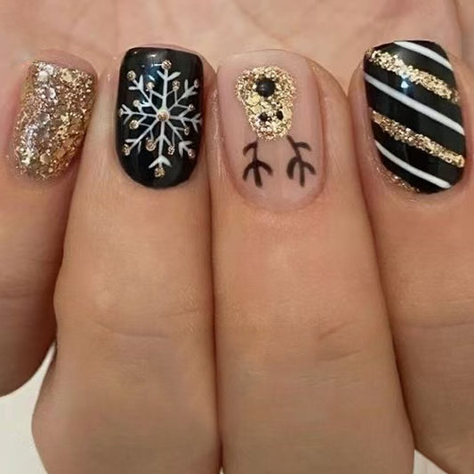 Winter Wonderland Elegant Short Square Black and Gold Glitter Press on Nail Set with Unique Festive Designs