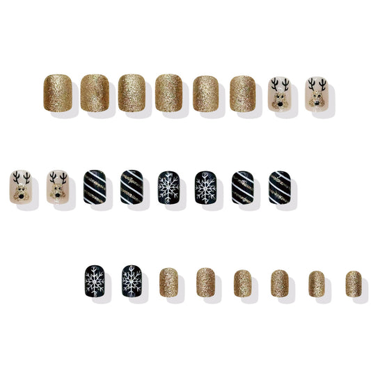 Winter Wonderland Sparkle Short Square Gold and Black Glittery Snowflake and Reindeer Press-On Nail Set