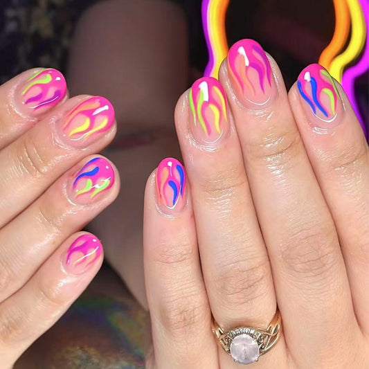 Radiant Flame Inspired Short Oval Shaped Neon Pink Press On Nail Set with Colorful Drip Design