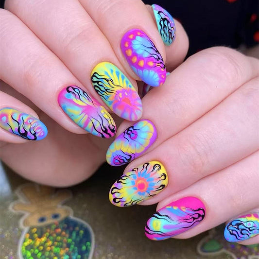 Enchanted Ocean Vibes Medium Almond Pastel Rainbow With Artistic Jellyfish Design Press On Nail Set