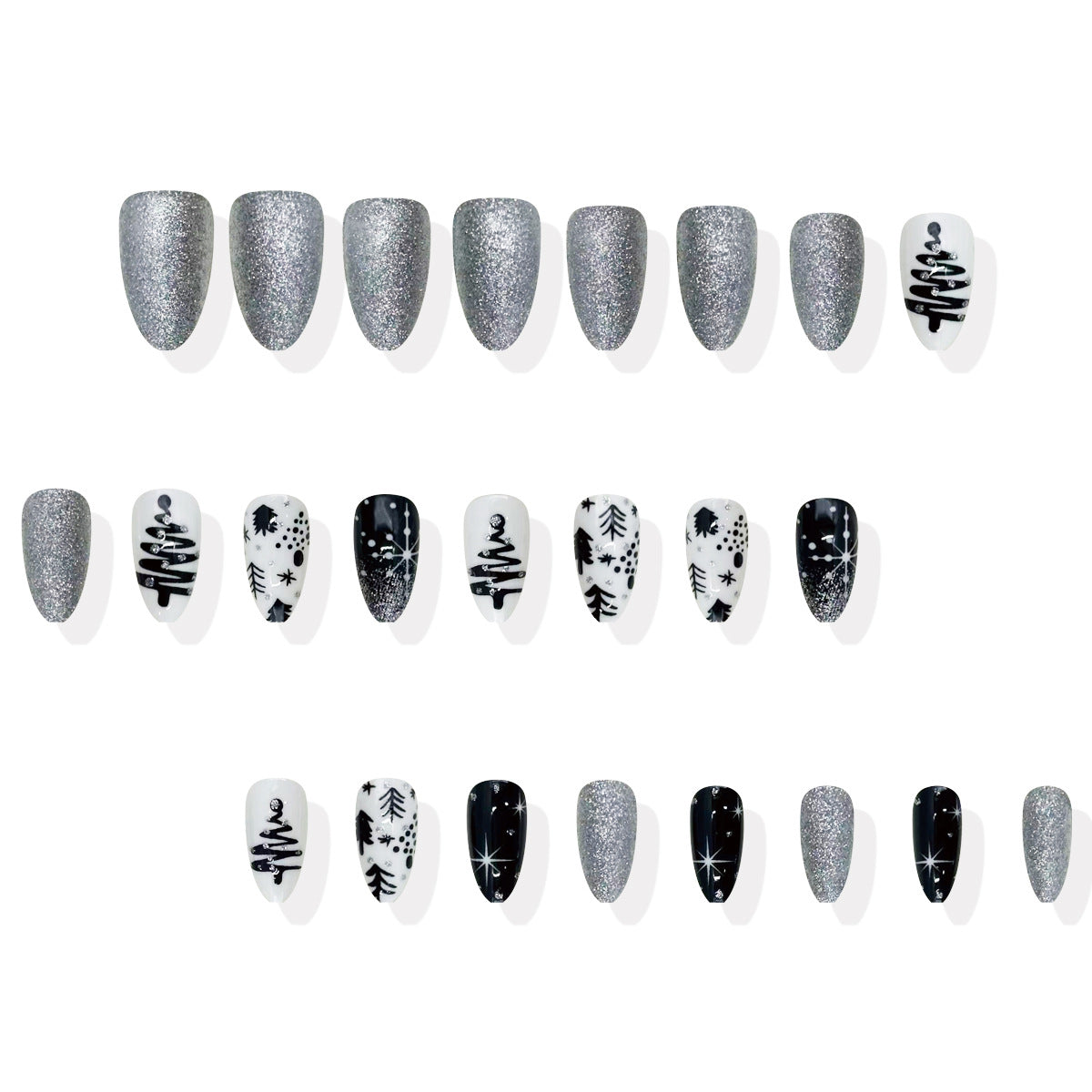 Set of nail art designs with black and white patterns on a white background