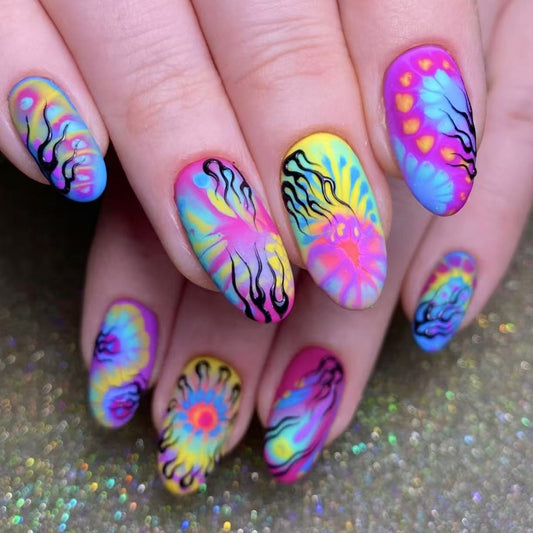 Radiant Kaleidoscope Medium Oval Vibrant Multicolor with Artistic Swirl Design Nail Set