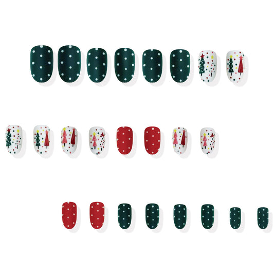Festive Forest Green and Red Medium Oval Press On Nail Set with Charming Holiday Designs