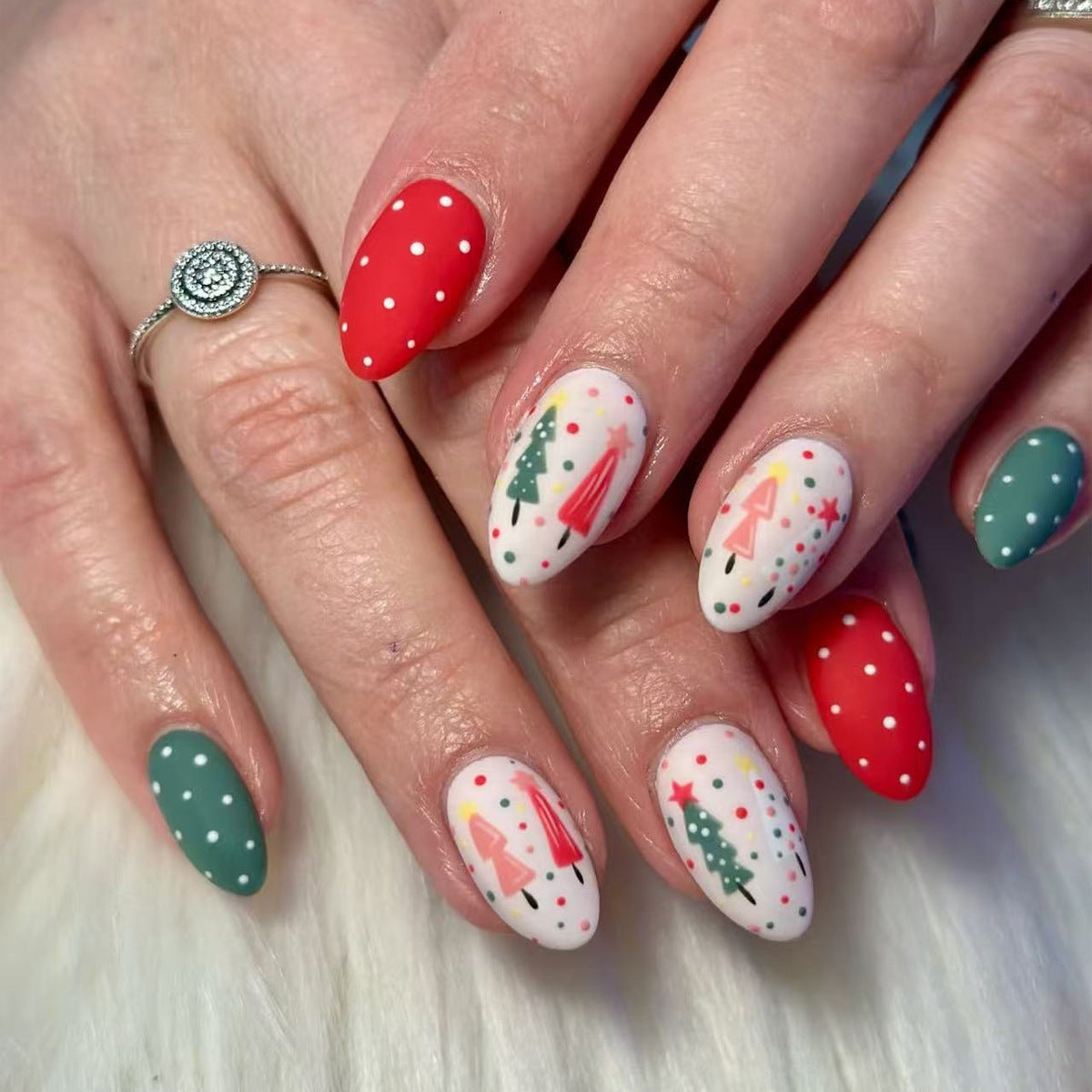 Festive Elegance Medium Almond Red Green and White Matte with Holiday Pattern Press On Nail Set