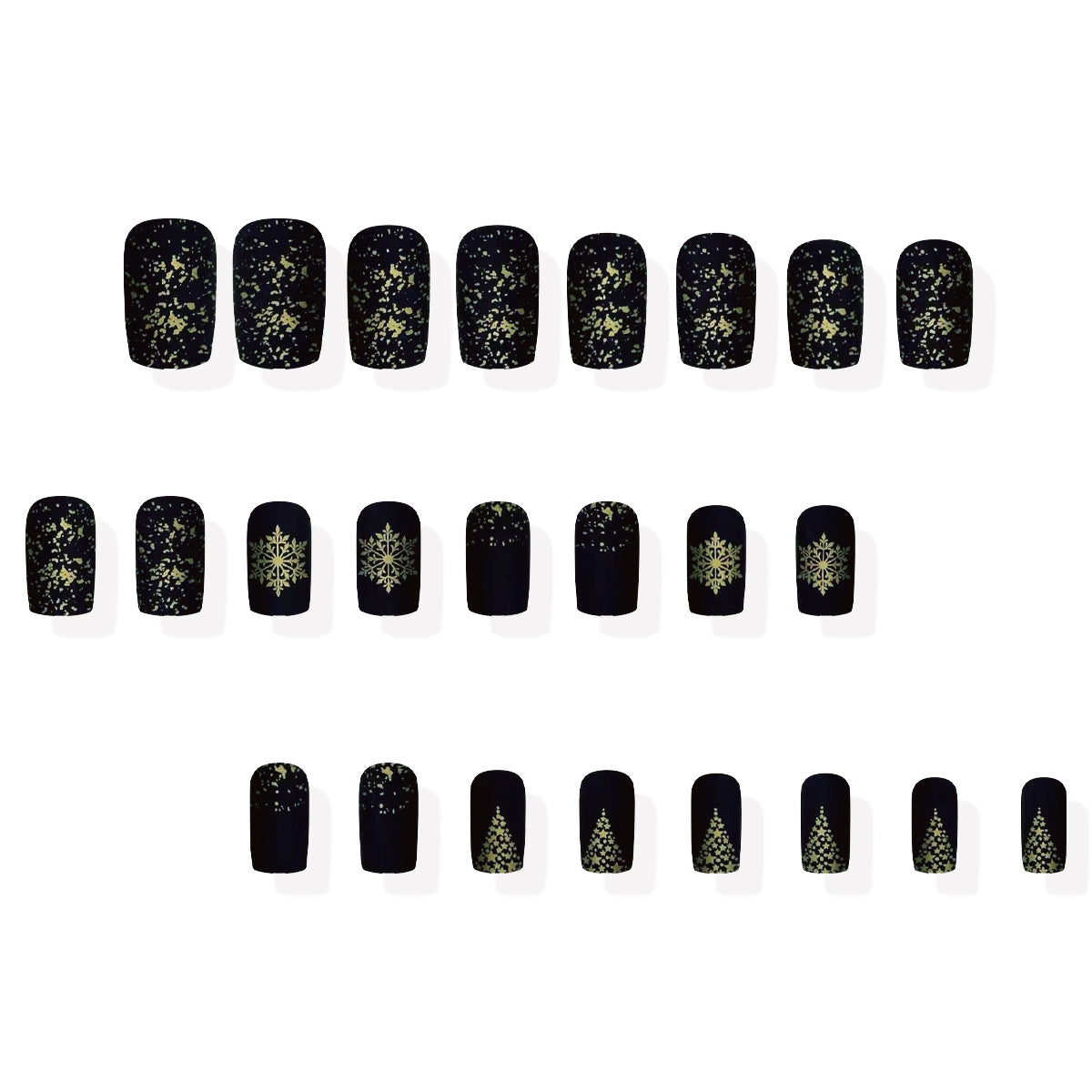 Winter Wonderland Press-On Nail Set Medium Square Black with Glittering Snowflakes and Christmas Trees