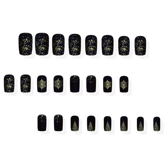 Winter Wonderland Press-On Nail Set Medium Square Black with Glittering Snowflakes and Christmas Trees