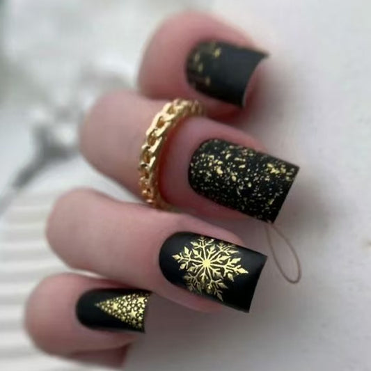 Winter Wonderland Elegant Medium Square Black and Gold Press-On Nail Set with Stunning Snowflake Designs