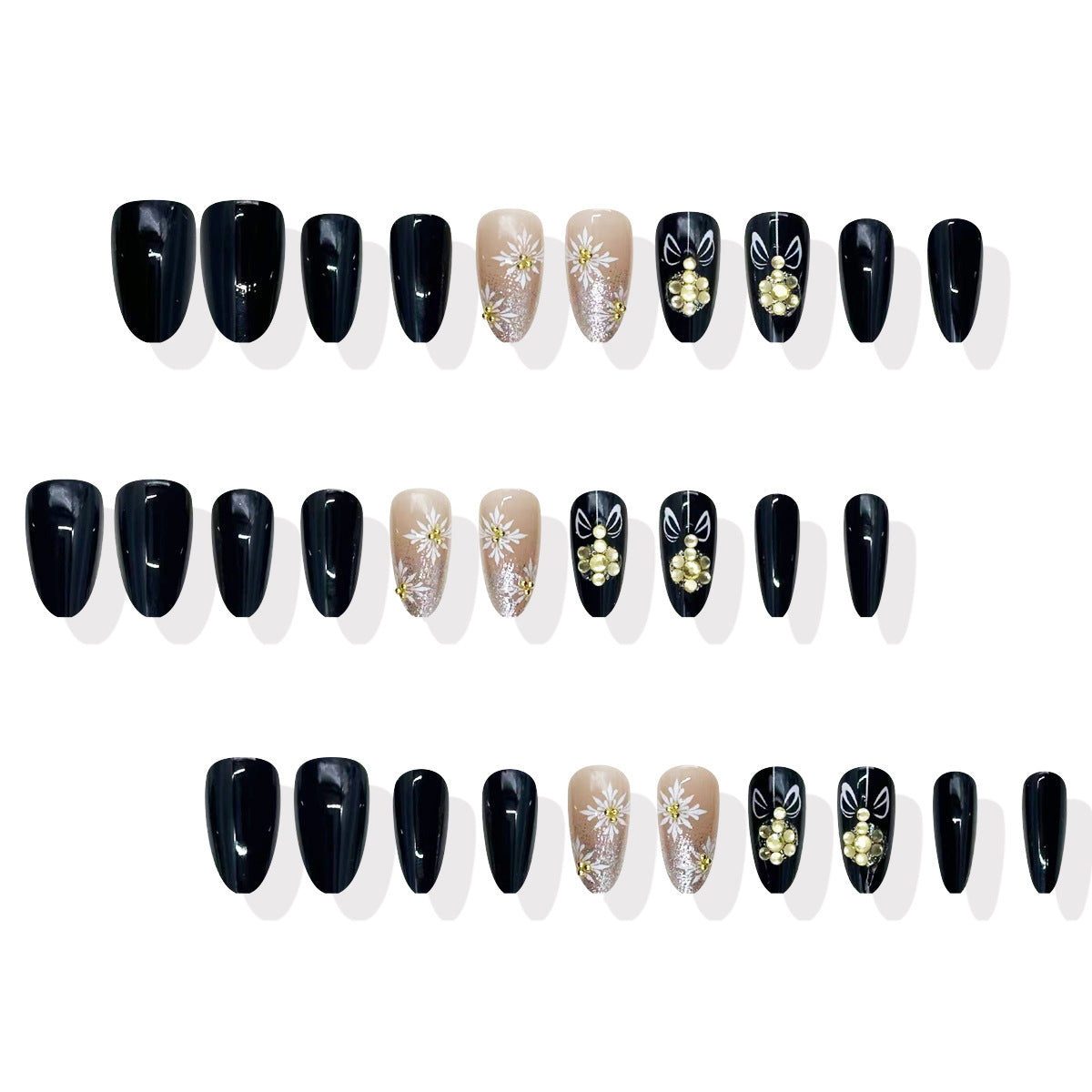 Gothic Garden Medium Almond Black and Beige Floral Accented Press-On Nail Set
